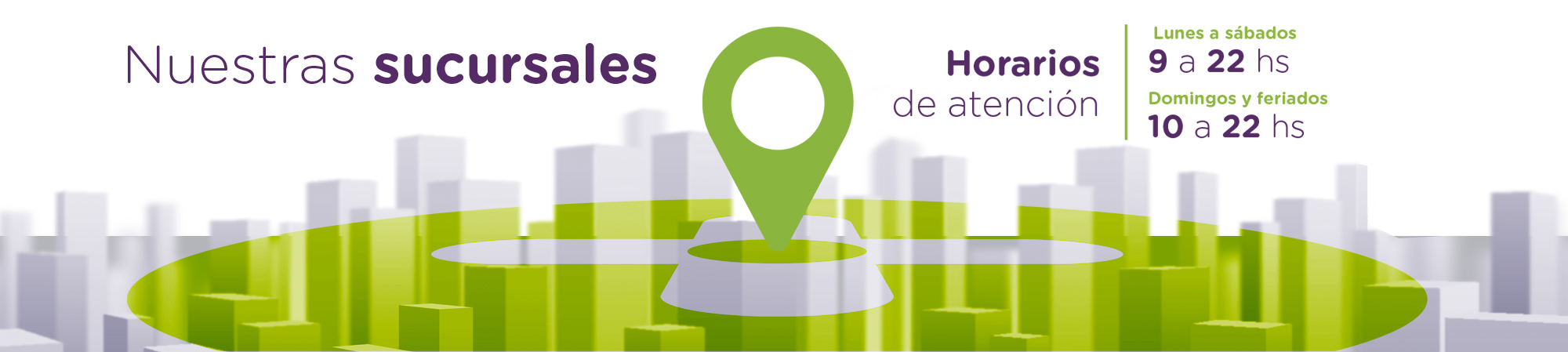 Nuestras sucursales — Horarios de atención: Lunes a sábados 9 a 22 hs